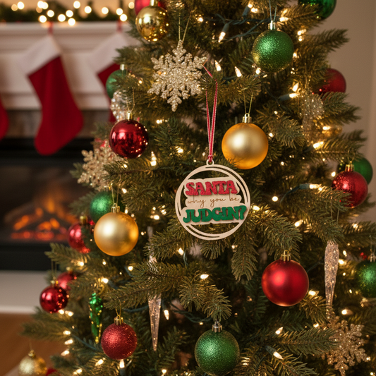 Decorated Christmas tree with ornaments and lights in a festive setting.