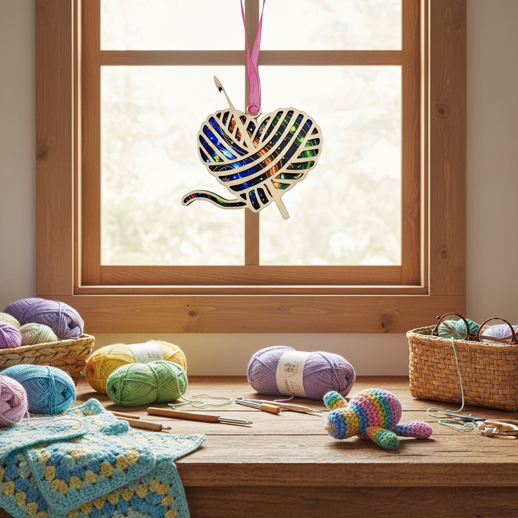 Decorative heart-shaped ornament with colorful inlay and pink ribbon on a white background