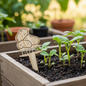 Wooden plant marker shaped like a potato with 'Dad's Garden' text on a gray background