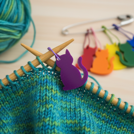 Knitting project with colorful yarn and knitting needles on a wooden surface