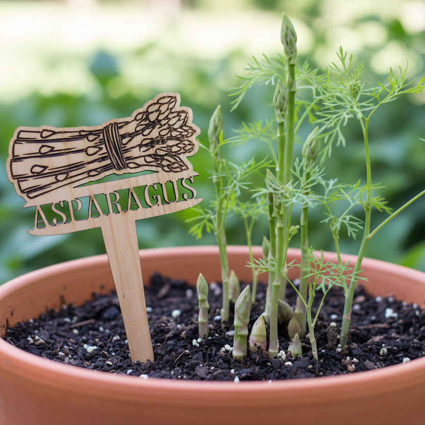 Potted asparagus plants with a decorative sign indicating 'Asparagus' in a garden setting.