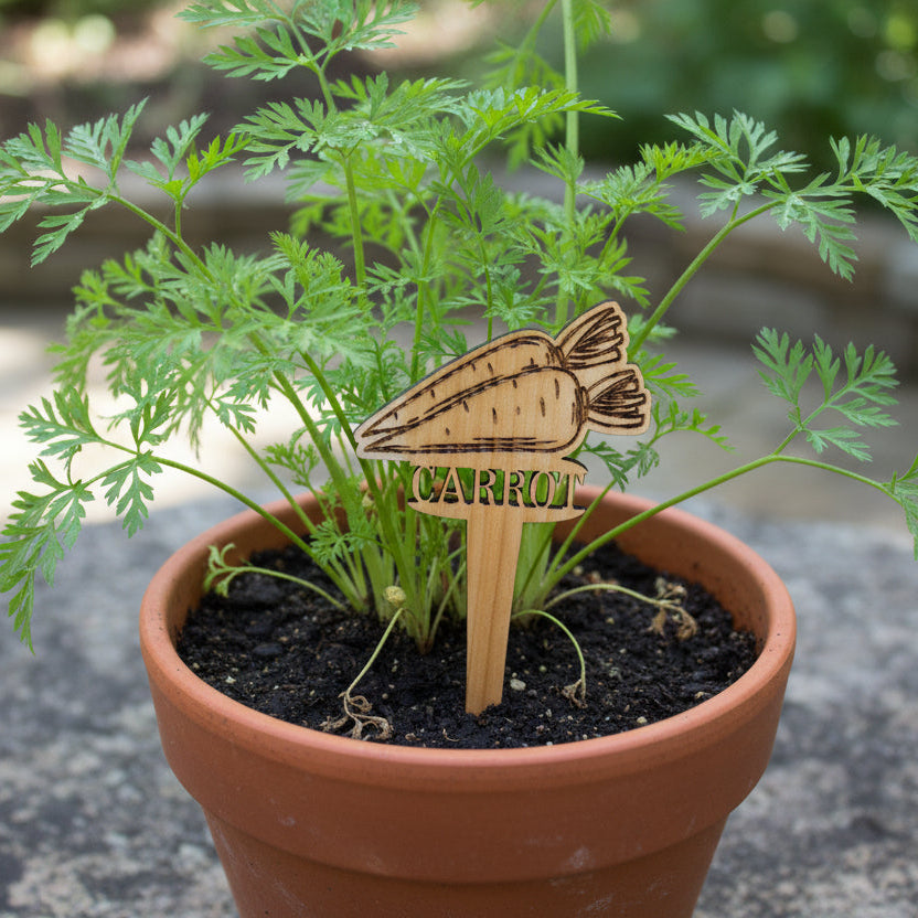 Wooden carrot-shaped tool on a light gray surface