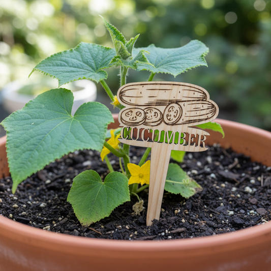 Potted plant with a wooden sign labeled 'Cucumber' in a garden setting