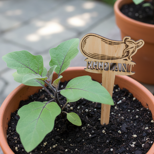 Potted plant with a wooden stake labeled 'Eggplant' on a garden path.