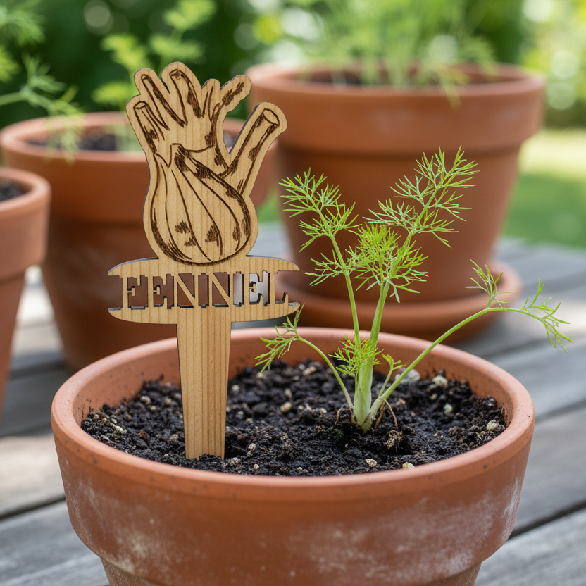 Potted plant with a wooden hand-shaped plant marker on a wooden surface