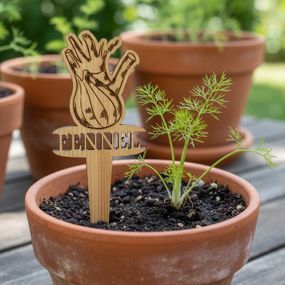 Potted plant with a wooden hand-shaped plant marker on a wooden surface
