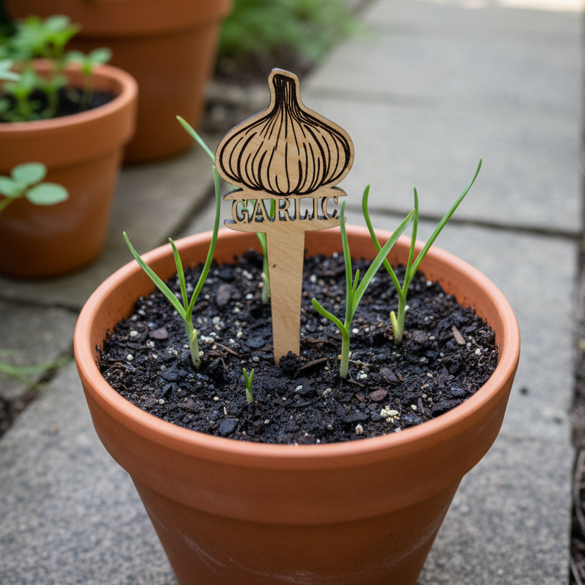 Garlic plant in a pot with a garlic-themed stake in a garden setting