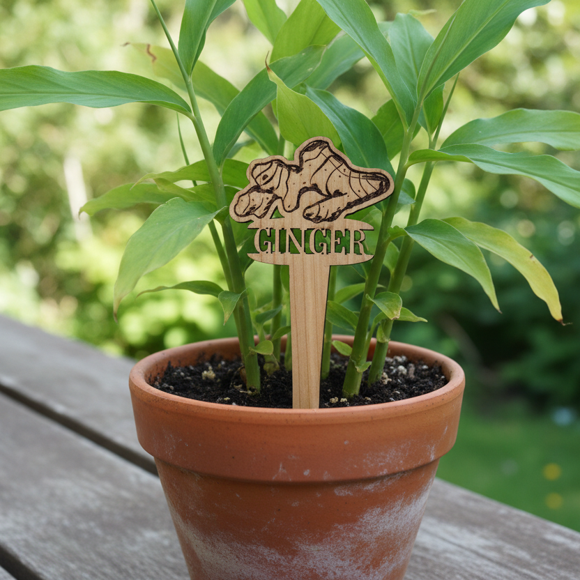 Potted plant with a wooden tag labeled 'Ginger' on a wooden surface outdoors.