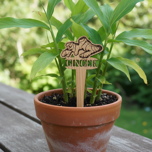 Potted plant with a wooden tag labeled 'Ginger' on a wooden surface outdoors.