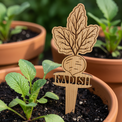Terracotta pots with young plants and a wooden radish plant marker.