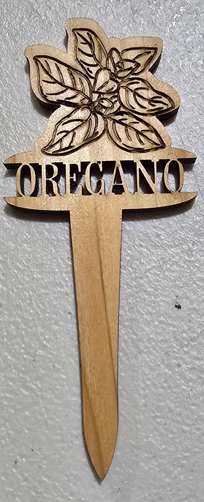 Wooden plant label with decorative design and text on a light gray background