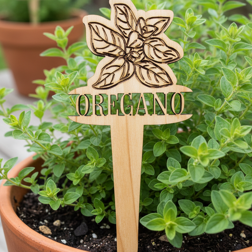 Wooden herb marker with 'Oregano' on a potted plant