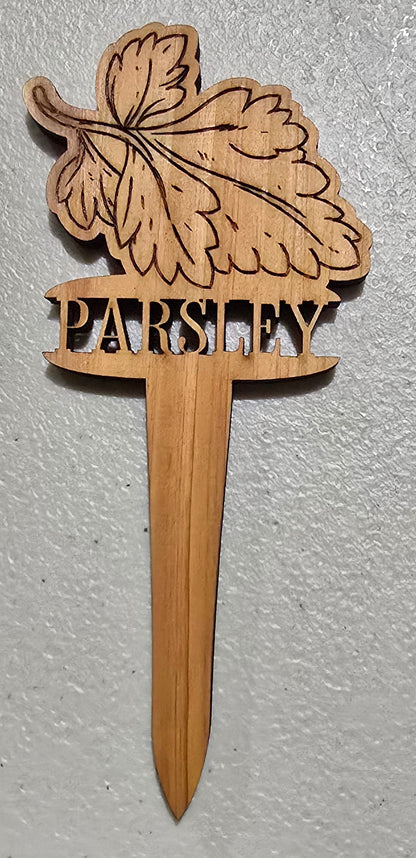 Wooden parsley plant marker design on a light gray background