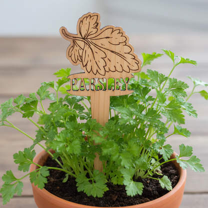 Potted parsley plant with a wooden leaf-shaped plant marker on a wooden surface.