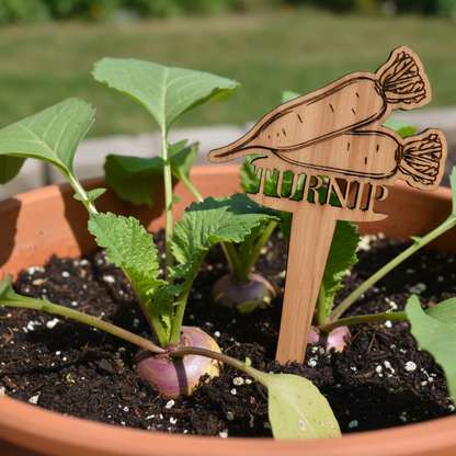 Potted plant with a wooden carrot-shaped sign indicating 'carrot' in a garden setting.