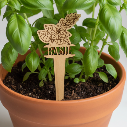 Potted basil plant with a wooden basil plant marker.