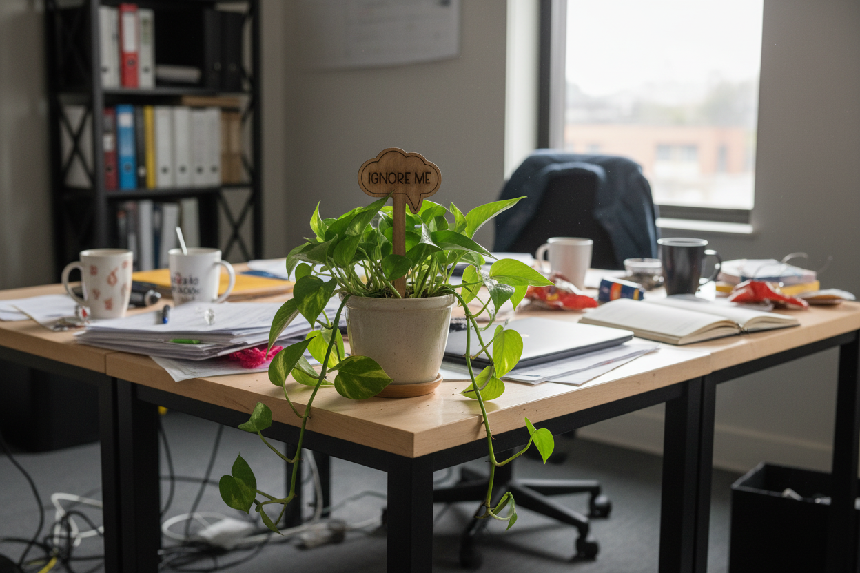 Healthy pathos plant with wooden "Ignore Me" sign on cluttered office desk