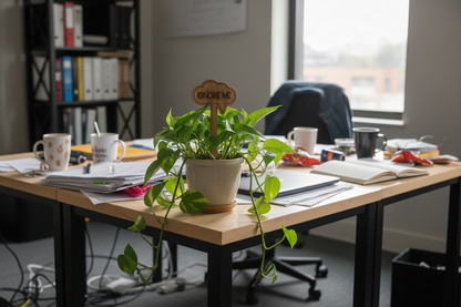 Healthy pathos plant with wooden "Ignore Me" sign on cluttered office desk