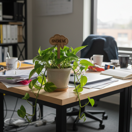 Desk with a plant, books, and other items in an office setting