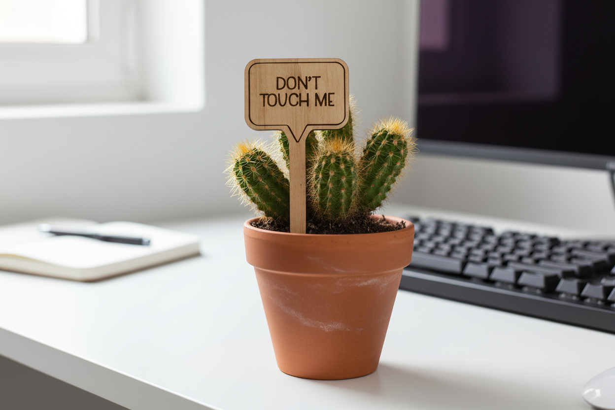Small cactus in a pot with a 'Don't Touch Me' sign on a desk.