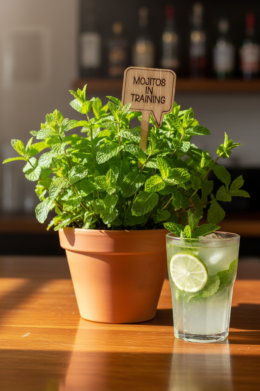 Potted plant with a sign labeled 'Mojitos in Training' next to a glass of mojito on a wooden table.