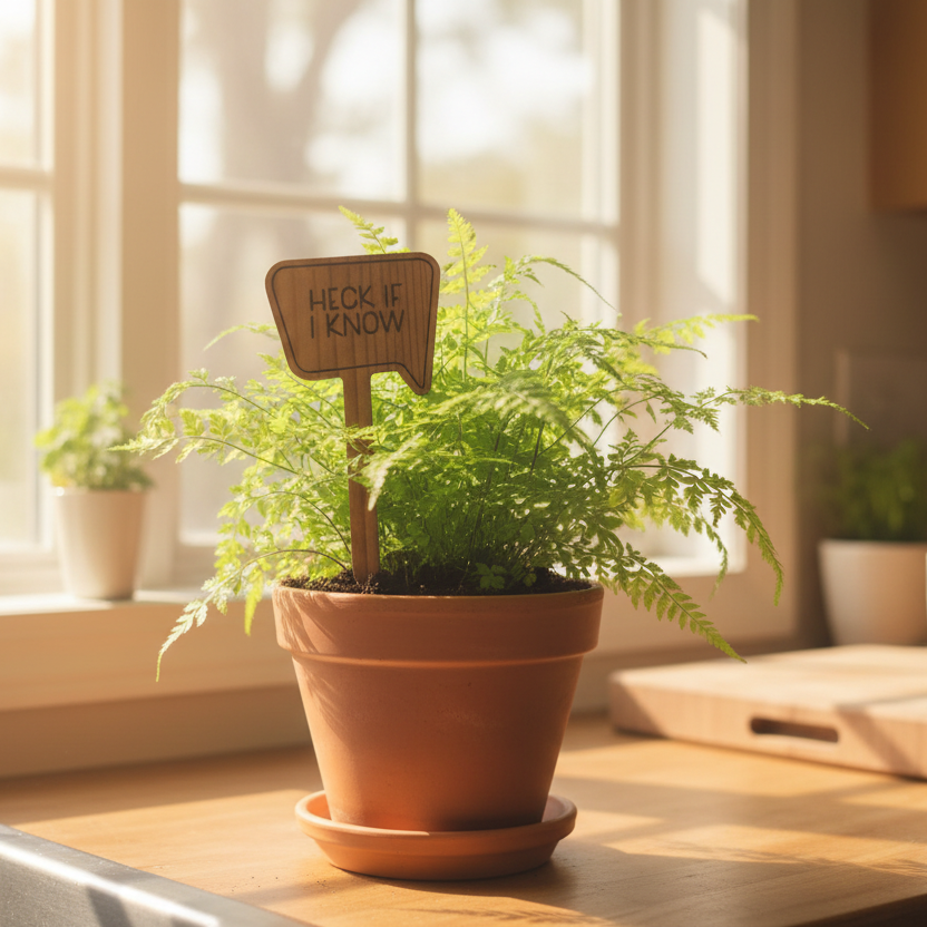Potted plant on a kitchen counter with a small sign, sunlight streaming through a window.