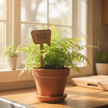 Potted plant on a kitchen counter with a small sign, sunlight streaming through a window.