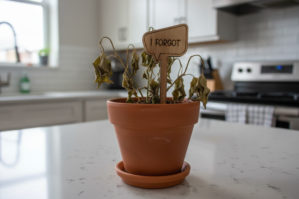 Dying potted plant with a sign saying 'I forgot' on a kitchen counter.
