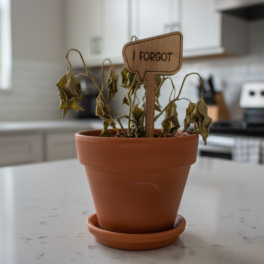 Dying potted plant with a wooden sign saying 'I FORGOT' on a kitchen counter.