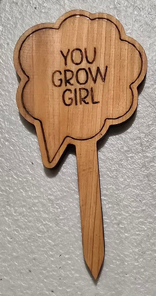 Wooden sign with 'You Grow Girl' text on a light gray background