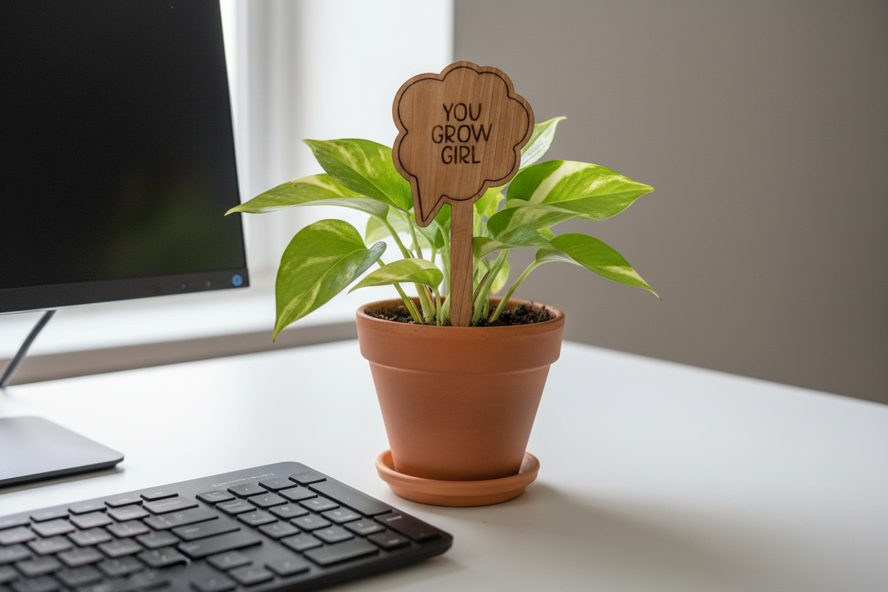 Potted plant on a desk with a wooden sign reading 'YOU GROW GIRL' next to a computer monitor.