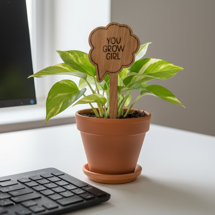 Potted plant with a wooden sign on a desk next to a computer keyboard