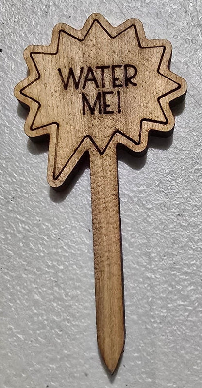 Wooden plant label with 'Water Me' text on a gray surface