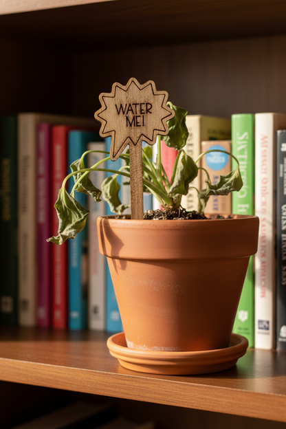 Potted plant with a 'Water Me!' sign on a bookshelf
