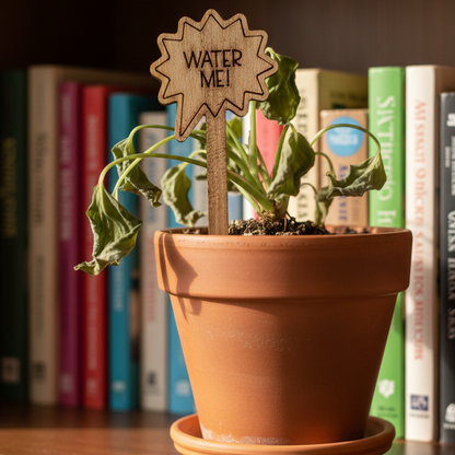 Potted plant with a 'Water Me!' sign in front of books