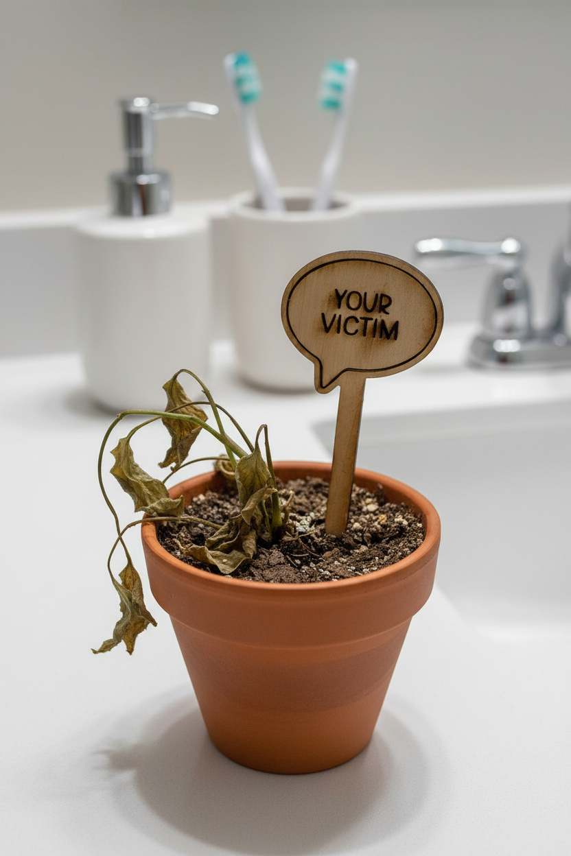 Dying potted plant on a bathroom counter with a sign reading 'Your Victim'.