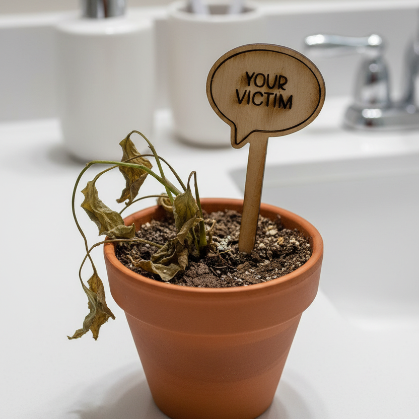 Dying potted plant with a sign labeled 'Your Victim' on a bathroom counter.