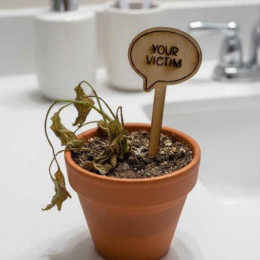 Dying potted plant with a sign labeled 'Your Victim' on a bathroom counter.
