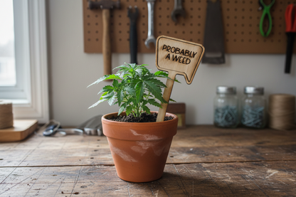 Potted plant with a sign labeled 'PROBABLY A WEED' on a wooden table.