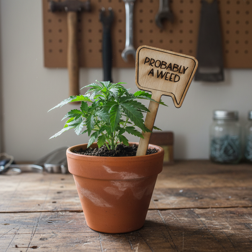 Potted plant with a 'Probably a Weed' sign on a wooden table, with tools in the background.