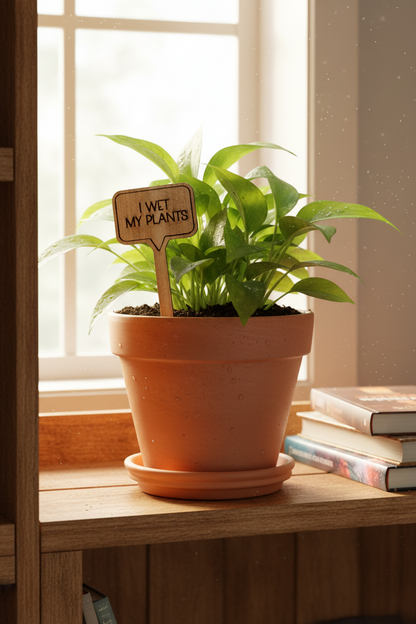 Potted plant on a wooden shelf with a 'I wet my plants' sign, books in the background