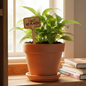Potted plant with a humorous sign on a windowsill next to books