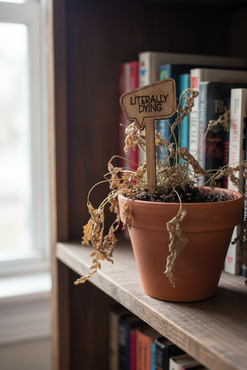 Dead potted plant with wooden "Literally Dying" sign on bookshelf