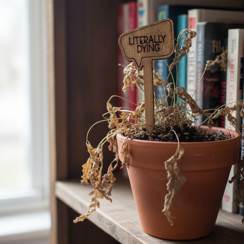 Dying potted plant with a humorous wooden sign on a bookshelf.