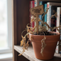 Dying potted plant with a humorous wooden sign on a bookshelf.