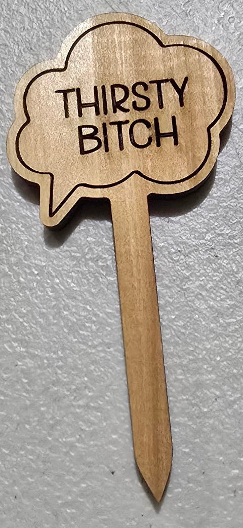 Wooden pick with 'THIRSTY BITCH' text on a light gray background