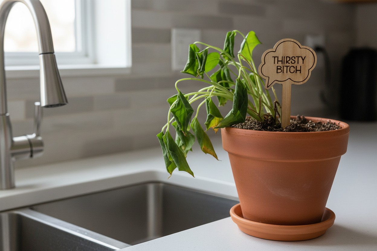 Wilting potted plant with wooden "Thirsty Bitch" sign beside kitchen sink