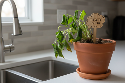 Wilting potted plant with wooden "Thirsty Bitch" sign beside kitchen sink