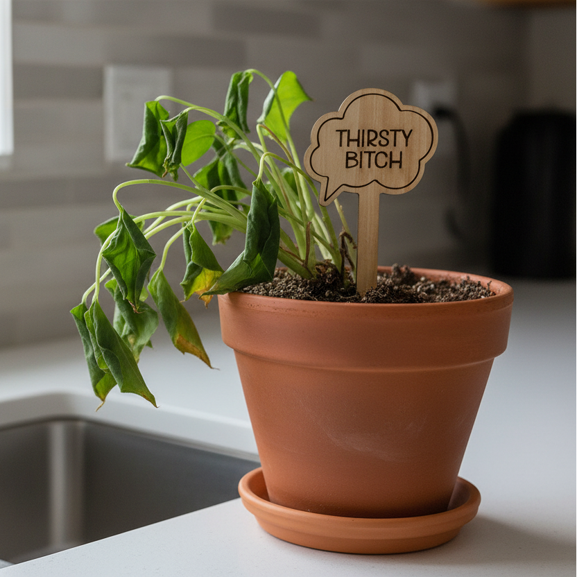 Wilting potted plant with wooden speech bubble sign reading "Thirsty Bitch" on kitchen counter