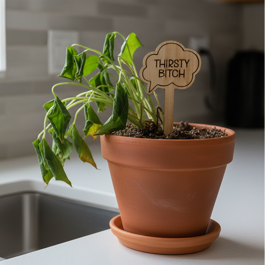 Wilting potted plant with wooden speech bubble sign reading "Thirsty Bitch" on kitchen counter